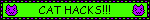 a green blinkie with black borders with text that says 'cat hacks', with purple cats on its sides 