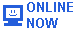 blue pixel art of a retro computer smiling, with blue text on its right saying 'online now'