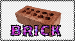 a stamp with a white border and a gray and white checkered background. on top of the background there is a brick, with glittery purple text saying 'brick' under it
