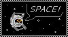 a black stamp with a dark gray border, which shows the space core from portal floating in space among blinking stars. The space core is yelling out 'space!'